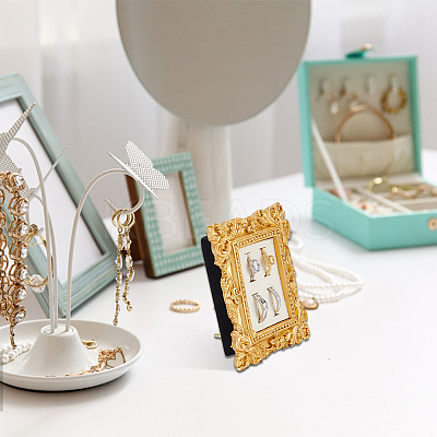 4-Slot Photo Frame Resin Finger Ring Organizer Holder with Cotton and Linen Mat and Iron Support RDIS-WH0016-20-1