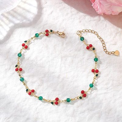 Brass Enamel with Green Glass Red Cherry Link Anklets for Women AJEW-AN00772-1