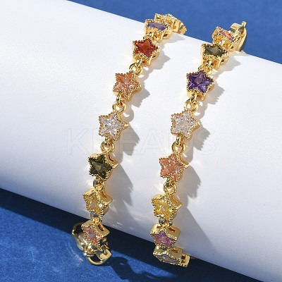 Star Brass Pave Cubic Zirconia Link Chain Bracelets for Women BJEW-P385-03G-1