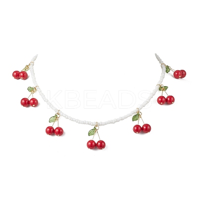 Natural Dyed Mashan Jade Red Cherry Pendant Glass Seed Beaded Necklaces for Women NJEW-TA00211-01-1