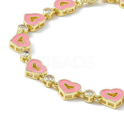 Pink Enamel Heart & Cubic Zirconia Link Chain Bracelet BJEW-P288-14G-1