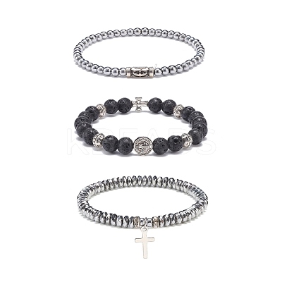 3Pcs 3 Style Natural Lava Rock & Synthetic Hematite Stretch Bracelets Set BJEW-JB08692-1
