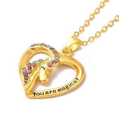 Colorful Rhinestone Heart with Unicorn Pandant Necklace with Cable Chains LS-NJEW-K246-01G-1