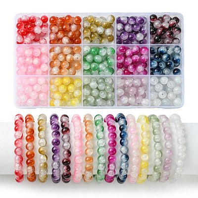 375Pcs 15 Colors Crackle Baking Paint Imitation Jade Glass Beads Sets DGLA-FS0001-06-1