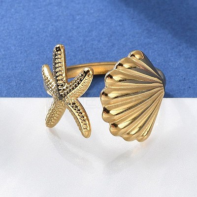 304 Stainless Steel Starfish & Shell Open Cuff Rings for Women RJEW-C095-09G-1