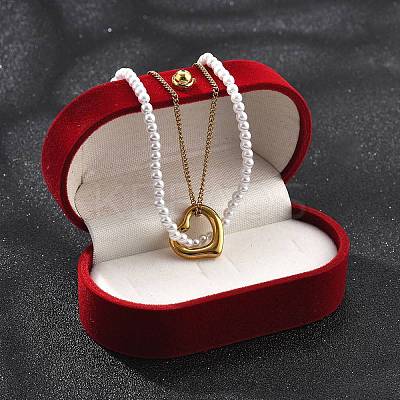 Ion Plating(IP) 304 Stainless Steel & Plastic Pearl Beaded Double Layer Necklaces NJEW-P320-25G-1