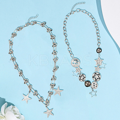 2Pcs 2 Styles Alloy Star Necklace Sets for Women NJEW-SC0001-51-1