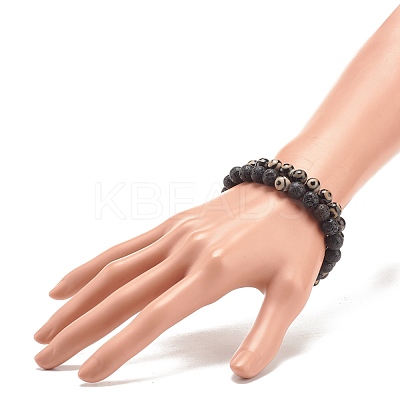 2Pcs 2 Style Natural Tibetan 3-Eye dZi Agate & Lava Rock Mala Bead Bracelets Set BJEW-JB07889-1