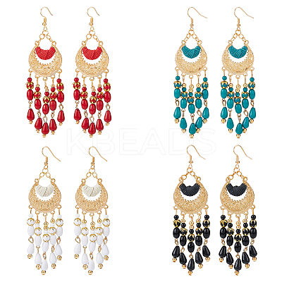 4 Pairs 4 Colors Glass Seed Beaded Tassel Chandelier Earrings EJEW-FI0002-40-1