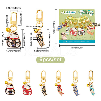 6Pcs 6 Style Alloy Enamel Fish & Maneki Neko Pendant Decorations HJEW-PH01618-1