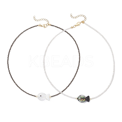2Pcs 2 Colors Handmade Foil Lampwork Fish & Natural Rainbow Moonstone & Obsidian Faceted Round Beaded Necklaces for Women NJEW-JN05535-1