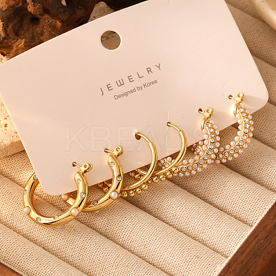 3 Pairs 304 Stainless Steel Pave Clear Cubic Zirconia and Imitation Pearl Hoop Earrings Sets FS-WGF1EAA-01-1
