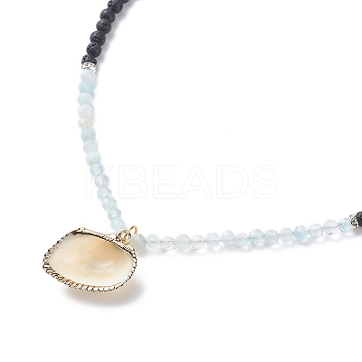 Natural Aquamarine & Lava Rock Beaded Necklace with Brass Charm NJEW-JN03997-1