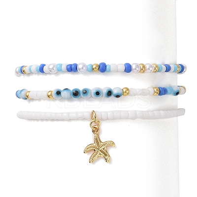 3Pcs 3 Style Glass Seed & ABS Plastic Pearl & Evil Eye Beaded Stretch Bracelets Set BJEW-JB09358-1