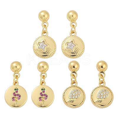Flat Round with Star & Wing & Snake Brass Micro Pave Cubic Zirconia Dangle Stud Earrings EJEW-Z115-01G-1