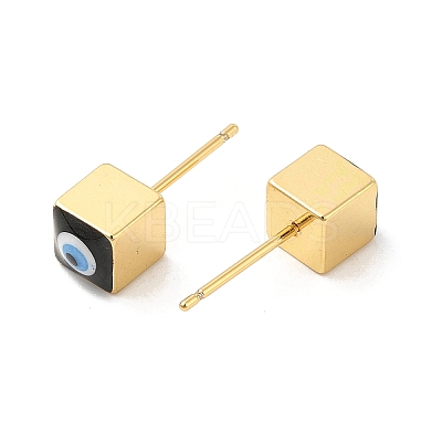 Long-Lasting Plated Cube with Enamel Evil Eye Stud Earring EJEW-E272-01G-02-1