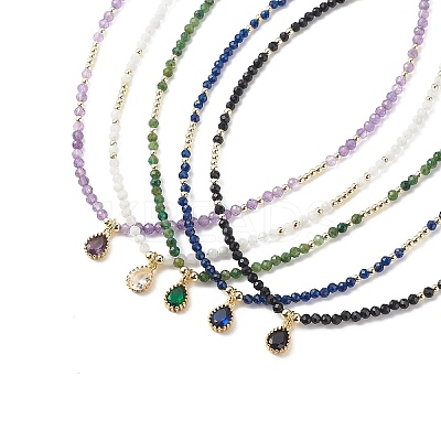 Cubic Zirconia Teardrop Pendant Necklace with Natural Gemstone Beaded Chains for Women NJEW-JN04121-1