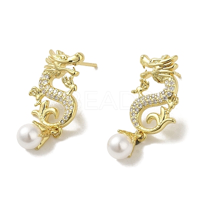 Rack Plating Brass Micro Pave Clear Cubic Zirconia Dragon Hold Glass Pearl Ball Stud Earrings for Women EJEW-P280-26G-1
