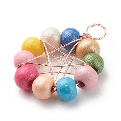 Natural Wood Round Beads Pendants PALLOY-JF01763-03-1