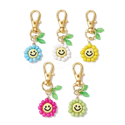 Smiling Face Flower Glass Seed with Acrylic Pendant Decorations HJEW-JM02530-1
