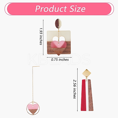 3 Pairs 3 Style Heart & Trapezoid & Square Resin & Walnut Wood Dangle Stud Earring EJEW-SW00014-01-1