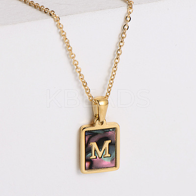 304 Stainless Steel Pave Natural Paua Shell Rectangle Initial Pendant Necklaces for Women FS-WG38E89-13-1