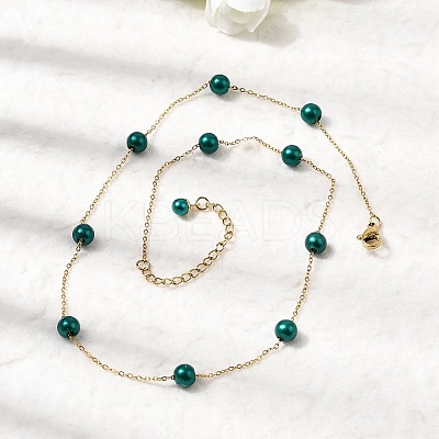 Stainless Steel & Imitation Pearl Round Link Chain Necklaces for Women WGE4439-06-1