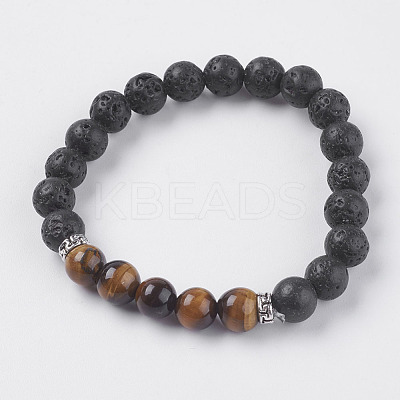 Natural Lava Rock and Natural Tiger Eye Beads Stretch Bracelets BJEW-E326-10K-1