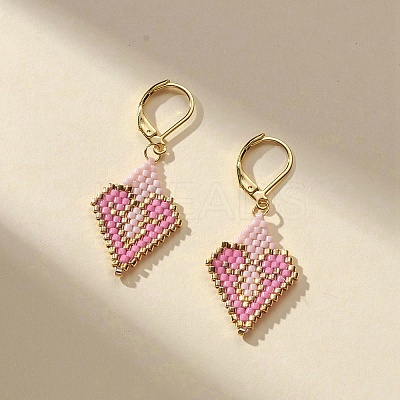 Glass Seed Braided Rhombus with Heart Dangle Leverback Earrings EJEW-MZ00030-01-1