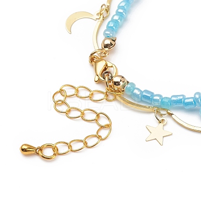 Brass Moon and Star Charms & Seed Flower Double Layer Multi-strand Bracelet for Women BJEW-JB08849-1
