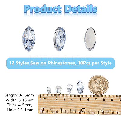 120Pcs 12 Style Teardrop Horse Eye Square Sew on Rhinestone RGLA-DC0001-03-1