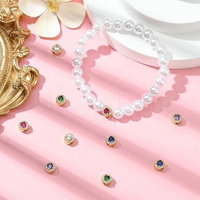 10Pcs 5 Colors Rack Plating Brass Micro Pave Cubic Zirconia Flat Round Beads KK-CJ0002-70-1