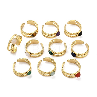 316 Stainless Steel with Natural Mixed Gemstone Cuff Rings RJEW-Z098-01G-14-1
