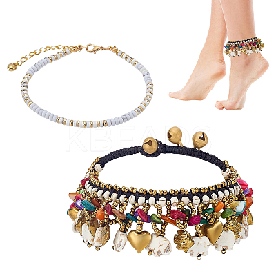 2Pcs 2 Styles Bohemian Gemstone Disc Heishi Beaded Anklets and Dyed Synthetic Turquoise Elephant Tassel Anklets for Women AJEW-PH0007-45A-1