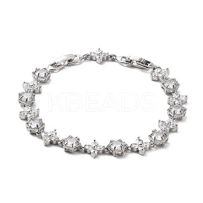 Noble Gift Ideas for Lady Platinum Plated Brass Micro Pave Cubic Zirconia CZ Flower Link Chain Bracelets BJEW-L471-01-1