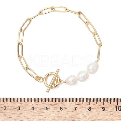 Rice Natural Cultured Freshwater Pearl & Brass Paperclip Chain Bracelets for Women BJEW-JB13543-03-1