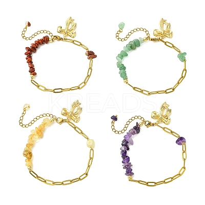 Natural Mixed Stone Chip Beads 304 Stainless Steel Paperclip Chain Bracelets with Alloy Bowknot Charms BJEW-JB14187-1