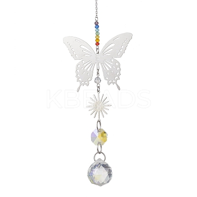 Glass Beads & 201 Stainless Steel Butterfly Hanging Suncatchers HJEW-JM04761-01-1
