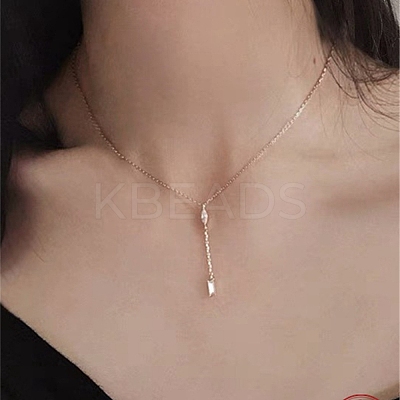 925 Sterling Silver Pave Clear Cubic Zirconia Teardrop with Rectangle Tassel Y Necklaces for Women FS-WGE0FA3-02-1
