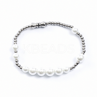 Minimalist Imitation Pearl & 304 Stainless Steel Round Beaded Stretch Bracelets KM8315-2-1