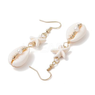 Star with Shell Shape Synthetic Turquoise Beads Dangle Earrings EJEW-JE06398-02-1