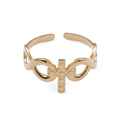 Ion Plating(IP) 304 Stainless Steel Cross & Infinity Open Cuff Rings for Women RJEW-G285-11G-1