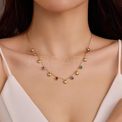 304 Stainless Steel Colorful Cubic Zirconia Flat Round & Shell Shaped Bib Necklaces for Women NJEW-U031-08G-01-1