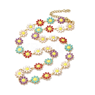 Enamel Daisy Link Chain Necklaces NJEW-B077-01G-1