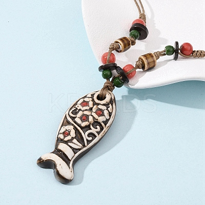 Ceramic Fish Pendant Adjustable Waxed Cord Necklaces for Women NJEW-B146-04-1