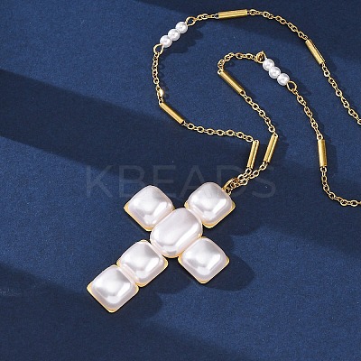 Cross 304 Stainless Steel & Plastic Pearl Pendant Necklaces for Women NJEW-U032-12G-1