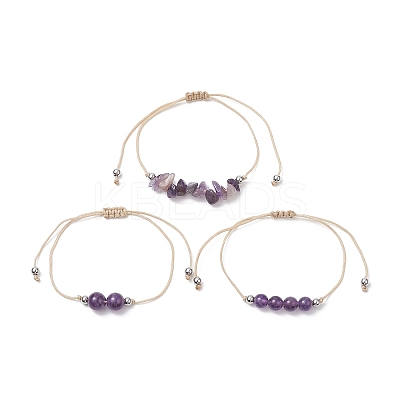 3Pcs 3 Style Natural Amethyst Braided Bead Bracelets Set BJEW-JB09334-02-1