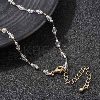 Handmade Brass & Faceted Rondelle Glass & Imitation Pearl Link Chain Necklaces for Women NJEW-F353-01G-1