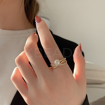 Criss Cross Brass Micro Pave Clear Cubic Zirconia with Plastic Imitation Pearl Cuff Rings FS-WG6C634-01-1-1