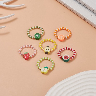 6Pcs 6 Style Strawberry & Watermelon & Kiwi & Apple & Lemon Polymer Clay & Glass Seed Stretch Rings Set RJEW-TA00070-1